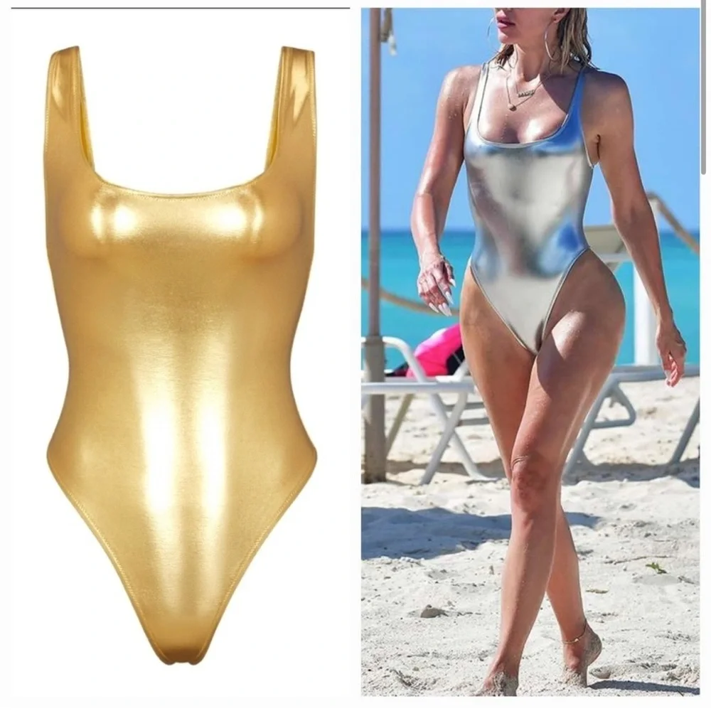 SKIMS METALLIC SWIM HIGH CUT ONE PIECE IN GOLD
